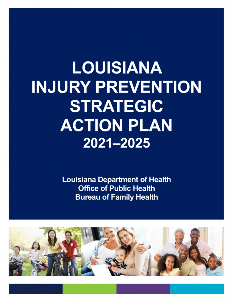 The cover page of the Louisiana Injury Prevention Strategic Action Plan 2021-2025, produced by the Louisiana Department of Health.