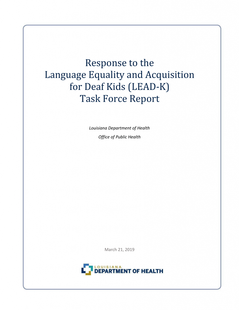 Report cover: Response to the Language Equality and Acquisition for Deaf Kids Task Force Report