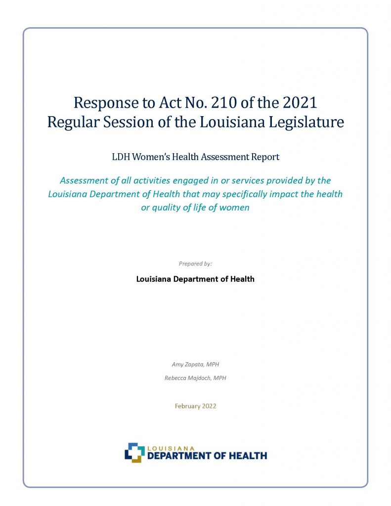 Report cover: Response to Act 210 of the 2021 Regular Session of the Louisiana Legislature: Women's Health Assessment Report