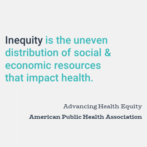 Inequity is the uneven distribution of social and economic resources that impact health.